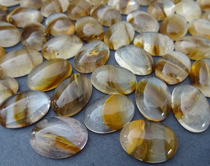 18x13mm Tigerskin Glass Cabochon, Oval Cabochon, Clear Polished Gem, Transparent, Glass Jewelry Making, Subtle Brown Stripes, Striped