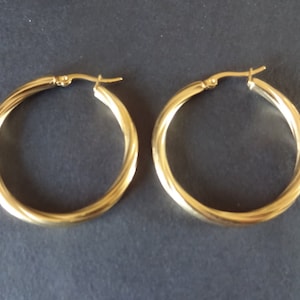 Stainless Steel Gold Twisted Hoop Earrings, Hypoallergenic, Vacuum Plated, Round Shape, 7 Gauge, Twist Design Hoops, Set Of Earrings, 39.5mm