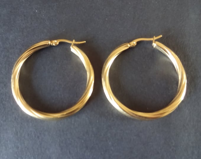 Stainless Steel Gold Twisted Hoop Earrings, Hypoallergenic, Vacuum Plated, Round Shape, 7 Gauge, Twist Design Hoops, Set Of Earrings, 39.5mm