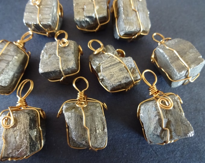 Natural Pyrite Cube Pendant, Cuboid, Hand Cut, Wire Wrapped, Polished Gem, Metallic, Gemstone Jewelry, Stone Necklace Making, Silver Cab
