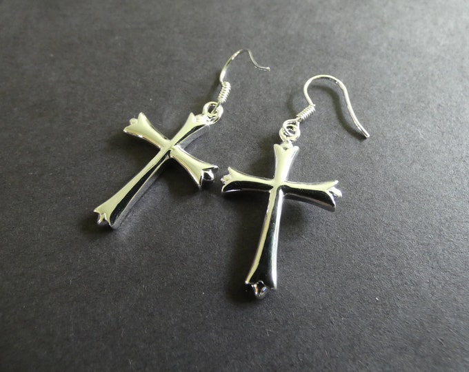 Brass Cross Earrings, Metal Dangle, Religious Theme, Silver Color, Crosses, Hook Earrings, 32x19mm, First Communion Gift, Cross Dangles