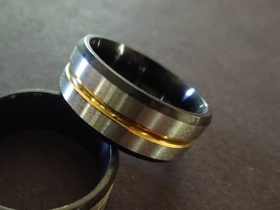 Stainless Steel Ring with Gold Color Inlay Band, Silver and Black Steel Ring, Ring, Silver Stainless Steel Ring, Metal Ring, unisex Ring