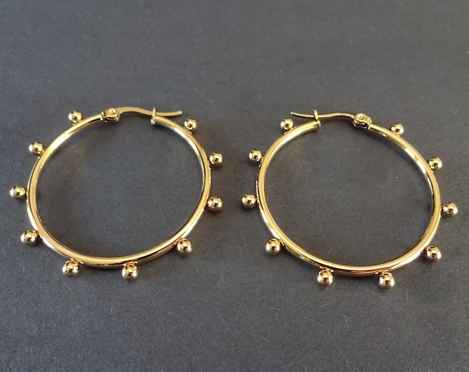 Stainless Steel Gold Beaded Hoop Earrings, Hypoallergenic, 3mm Thick, Round Ball Bead Hoops, Set Of Gold Earrings, 39.5mm, Minimalist