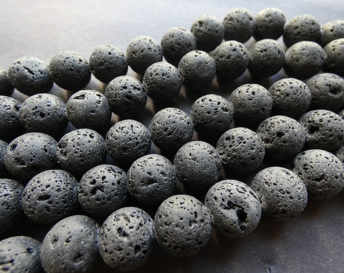 15.5 Inch 12mm Natural Lava Stone Bead Strand, Black, Dyed, About 30 Beads per Strand, Textured, Black Ball Bead, Stone Bead, Pumice Stone