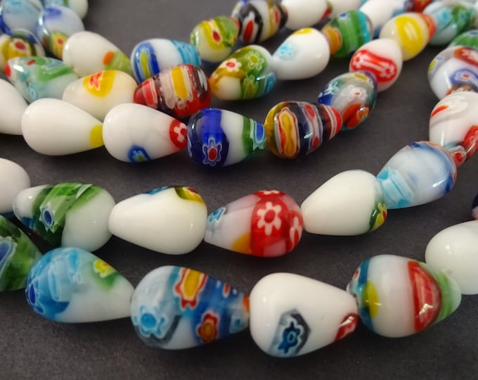 15 Inch Strand Of 14x10mm Glass Millefiori Beads, Flat Teardrops, About 27 Round Millefiori Beads, Mixed Lot, Multicolor Bead, Floral Beads