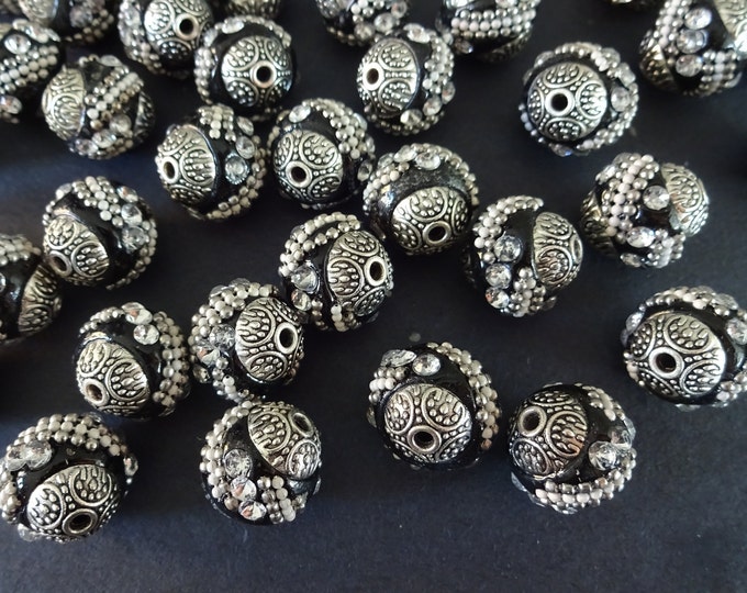 15mm Handmade Rhinestone Indonesia Ball Beads, Alloy Metal Cores, Intricate Ball Bead With Gemstones, Handcrafted, Black Color