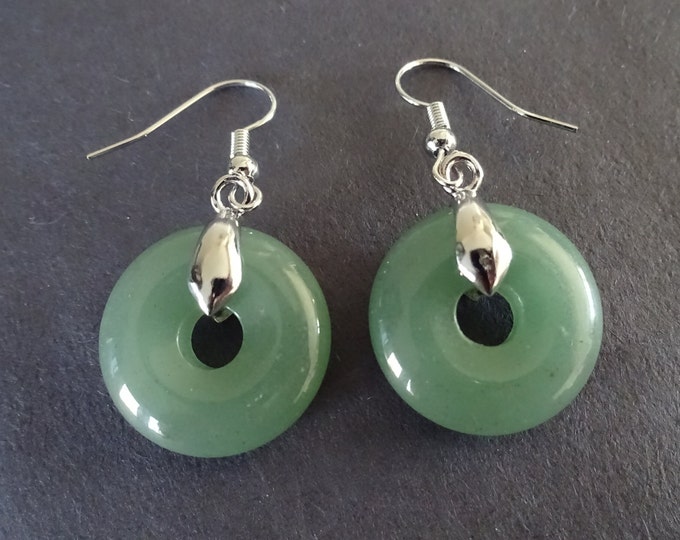 Natural Green Aventurine Donut Earrings With Brass Hooks, Fish Hook Earring, Set Of Earrings, Aventurine Stones, Gemstone Crystal Earrings