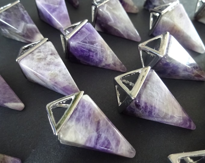 30-34mm Natural Amethyst Pendant With Brass Finding, Birthstone Charm, Crystal Pendant, Purple & Silver Metal Pendant, Amethyst Charm