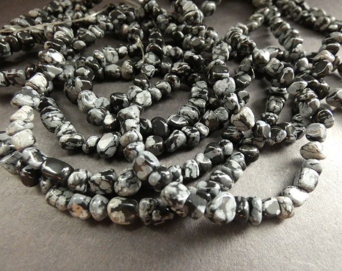 15.5 Inch 3-5mm Natural Snowflake Obsidian Bead Strand, About 82 Beads, Black & Gray, Natural Pebble Bead, Black Obsidian, Mineral Crystal