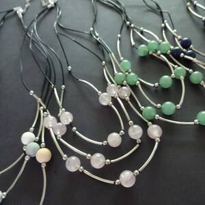 Natural Gemstone & Cowhide Leather Necklace, With Leather Cord, Brass Iron Metal, Mixed Colors, 18 Inches, Stone Bead Necklace, 5 Colors