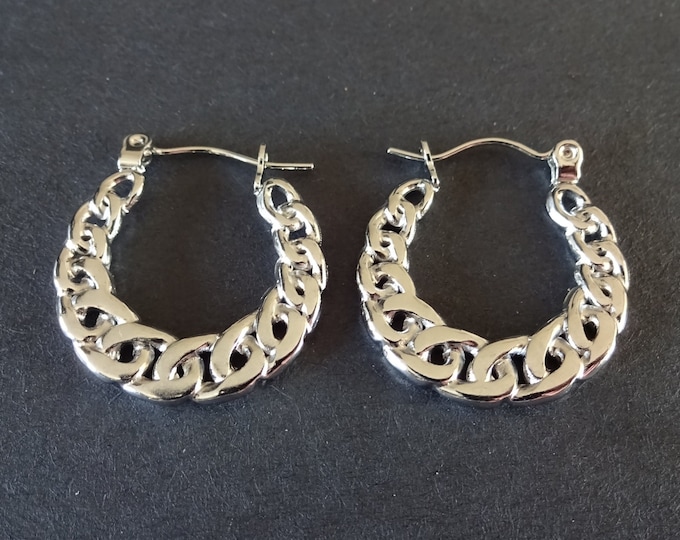 Stainless Steel Silver Curb Chain Hoop Earrings, Hypoallergenic, Round Hoops, Set Of Earrings, 22x21mm, Chain Link Hoops, Silver Metal Hoops