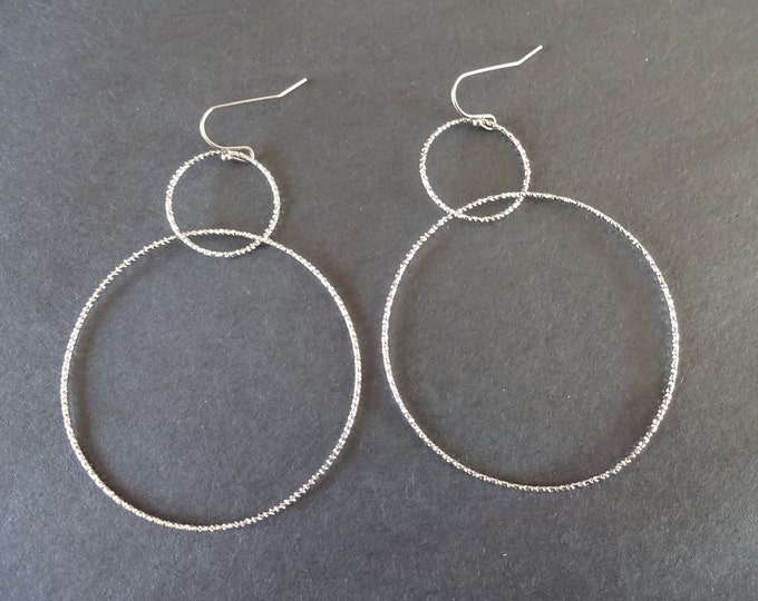 Stainless Steel Silver Double Hoop Dangle Earrings, Hypoallergenic, Vacuum Plated, Large Round Textured Hoops, Set Of Earrings, 75mm