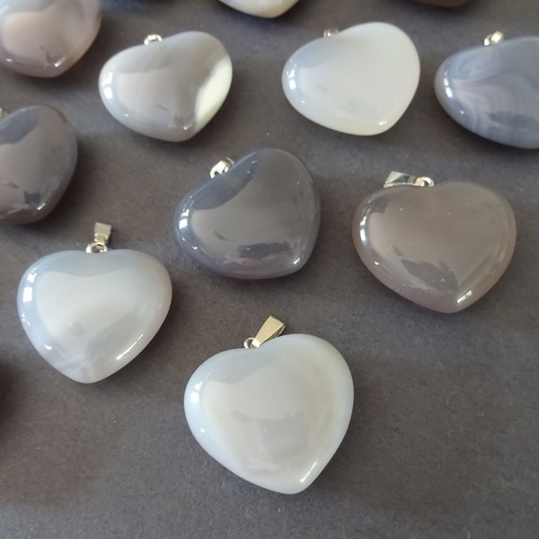 27-29mm Natural Gray Agate Pendant With Metal Loop, Heart Pendant, Large Charms, Polished Gemstone Jewelry, Agate Heart, Stone Charm
