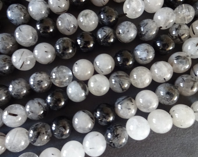 10mm Natural Rutilated Quartz Ball Beads, 15 Inch Bead Strand Of About 38 Beads, 10mm Round Stones, Natural Quartz Crystals, Black & White