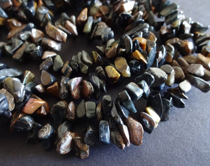 15 Inch Natural Tigereye Bead Strand, 8-9mm Tiger Eye Chip Gemstones, About 90 Stones Per Strand, Polished Tiger's Eye Drilled Nuggets