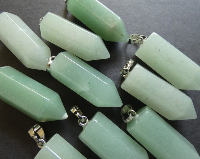 33-36mm Natural Green Aventurine Pendant, Brass Finding, Bullet Charm, Polished, Gemstone Jewelry Pendant, Green & Silver Color, Aventurine