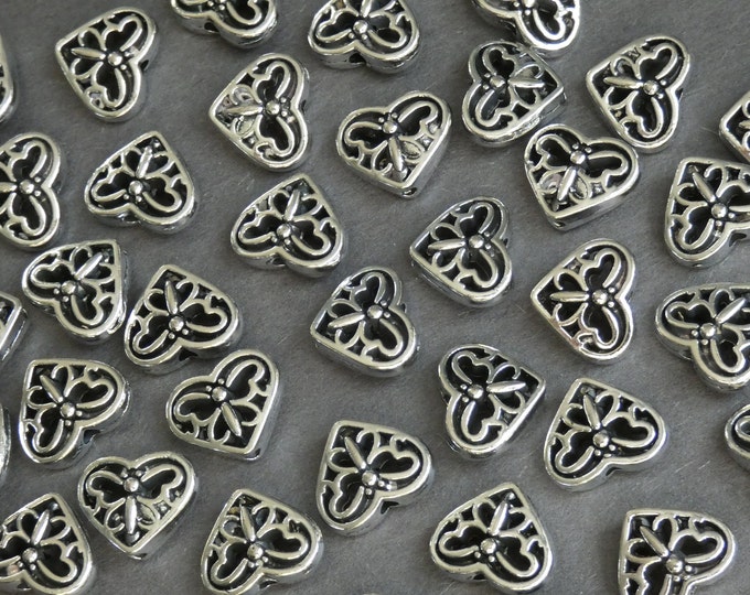 12x10mm Metal Heart with Butterfly Bead, Butterfly and Heart Bead, Antique Silver Color, Heart and Butterfly Design Bead, Cut Out Design