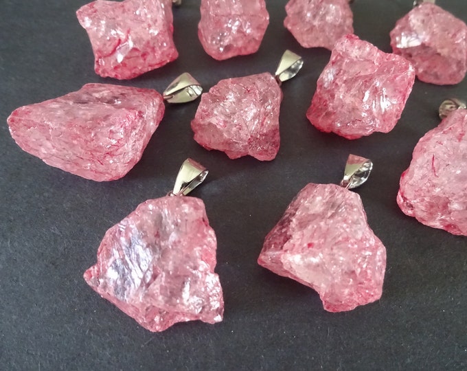 23-31mm Natural Dyed Quartz Pendant With Iron Metal Loop, Raw Quartz Charm, Gemstone Jewelry Nugget Pendant, Pink and Silver Metal Bail