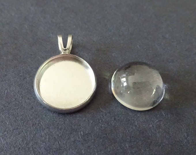 Pack of 12mm Round Brass Pendant Setting with Half Round Glass Cabochon, 20x14x5mm Overall Size, Round Setting, Silver Colored Setting