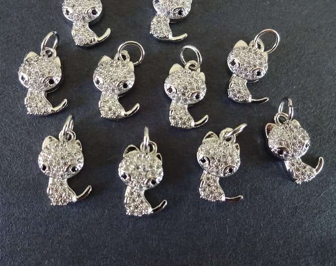 13.5x8mm Brass & Cubic Zirconia Micro Pave Cat Charms, With Loops, Cat Pendants, Silver and Clear Cubic Zirconia Rhinestones, Sparkly Cats