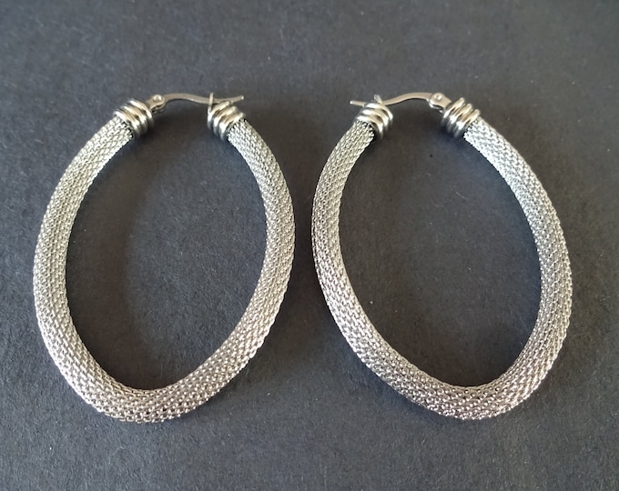 Stainless Steel Silver Mesh Hoop Earrings, Hypoallergenic, Silver Oval Hoops, Set Of Earrings, 56x36mm, Large Mesh Design Earrings