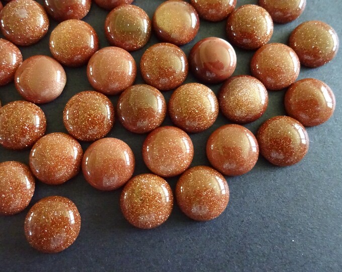 12x5mm Synthetic Goldstone Cabochon, Round Gemstone Cabochon, Orange Stone, Polished Gem, Glittery, Golden Flecks, Sparkly, Gold Stone