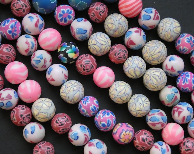 16 Inch 14mm Polymer Clay Ball Bead Strand, About 27 Beads, 14mm Round Clay Beads, Mixed Colors, Floral Patterns, Flower Design, Mixed Lot