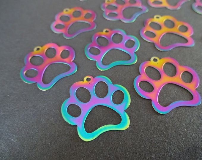 5 PACK 26mm 201 Stainless Steel Paw Print Pendant, Multi Color Pendant, Etched Metal Pendant, Stainless Steel, Rainbow Metal, Oil Slick