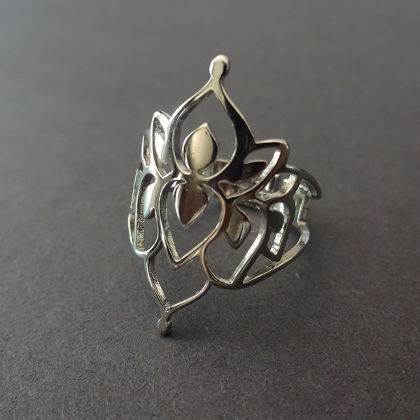 Adjustable Lotus Ring, Silver Color Buddha Lotus Design Band, Resizable Ring, Elegant Shiny Metal Band, Flower Ring, Buddhist Purity Ring