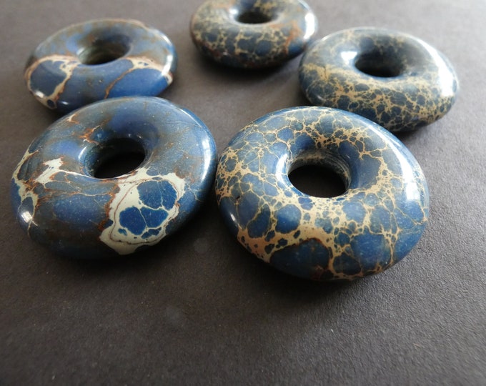 36mm Natural Regalite Donut Pendant, Dyed, Blue Gemstone Stone, Polished Gem, Swirled Necklace Stone, Large 105.mm Hole, Regalite Component