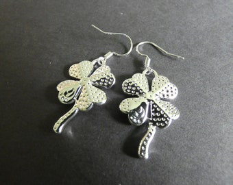 Silver Plated Brass Four Leaf Clover Earrings, Metal Dangles, Silver Color, Good Luck Charms, St. Patrick's Day, Clover Dangles, Leaves