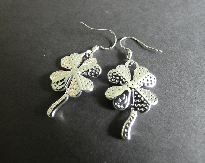 Silver Plated Brass Four Leaf Clover Earrings, Metal Dangles, Silver Color, Good Luck Charms, St. Patrick's Day, Clover Dangles, Leaves