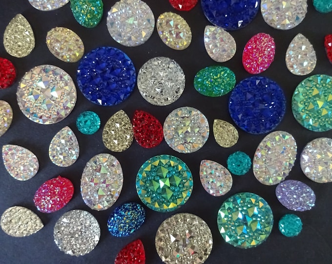 6-25mm Mixed Lot Of Resin Cabochons, Glitter & AB Color Plated, Silver Bottom Plated, Undrilled, Mixed Shapes, Sizes and Colors