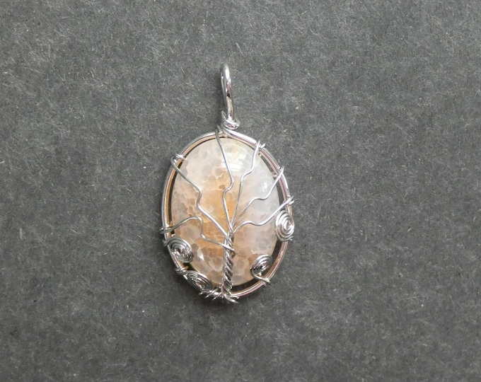 40x22mm Natural Agate Pendant with Platinum Tone Brass, Wire Wrapped Pendant, Orange, Dyed, Gemstone Pendant, One of a Kind, Unique Agate
