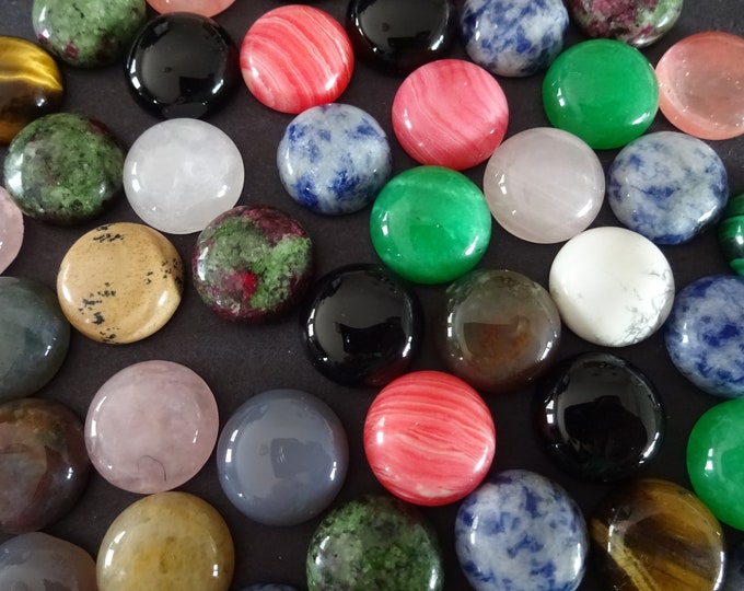 SET OF 5 Round Mixed Lot Gemstone 14mm Cabochons, Natural & Synthetic, Polished, Stone Cabochon, Gemstone Cab Lot, Jasper, Quartz, and More