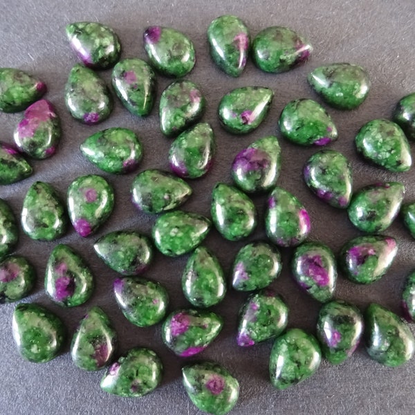 8x6mm Natural Ruby in Zoisite Cabochon, Teardrop, Green and Purple Crystal, Polished Drop, Stone Cabochon, Natural Gemstone, Floral Theme