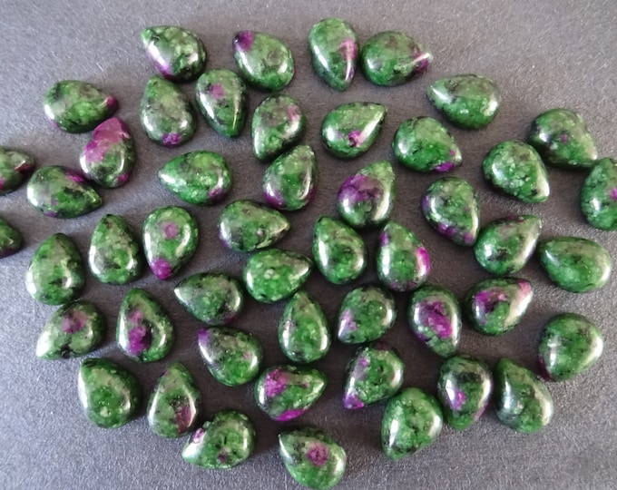 8x6mm Natural Ruby in Zoisite Cabochon, Teardrop, Green and Purple Crystal, Polished Drop, Stone Cabochon, Natural Gemstone, Floral Theme