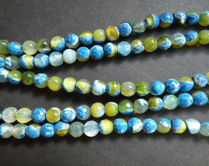 6mm Natural Fire Agate Faceted Bead Strand, Dyed and Heated, Blue and Yellow, About 61 Beads, 15 Inch Strand, Ball Bead, Round, Polished