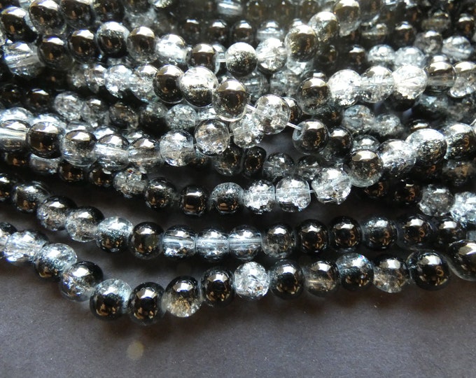 31 Inch 6mm Strand Crackle Glass Bead Strand, About 133 Beads Per Strand, Ball Bead, Round, Semi Transparent, Black Ball Bead, Spray Painted