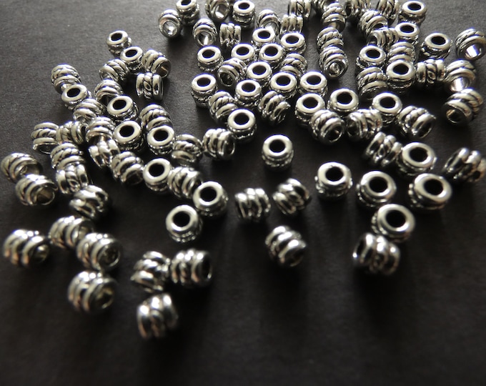 100 PACK 5x4mm Alloy Metal Tube Beads, Lined Rope Design, Antiqued Silver Color, Cylinder Engraved Tube Beads, 2.2mm Holes, Bohemian Style