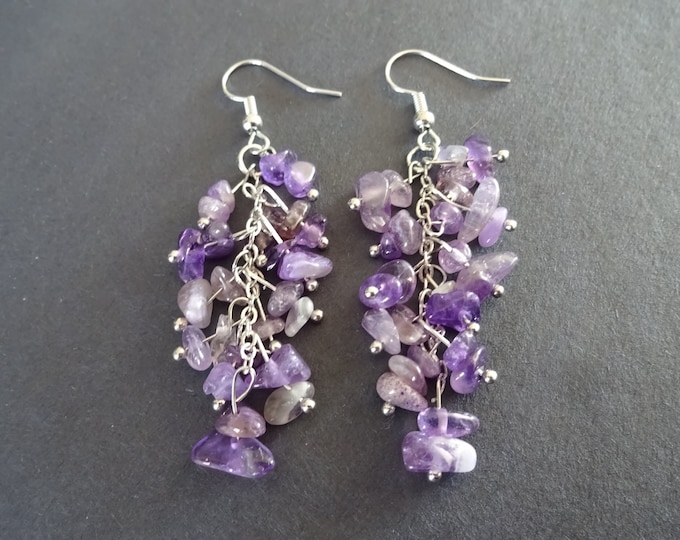 Natural Amethyst Cluster Dangle Earrings, Hypoallergenic, Fish Hook Earring, Set Of Earrings, Purple Crystals, Gemstone Amethyst Earrings