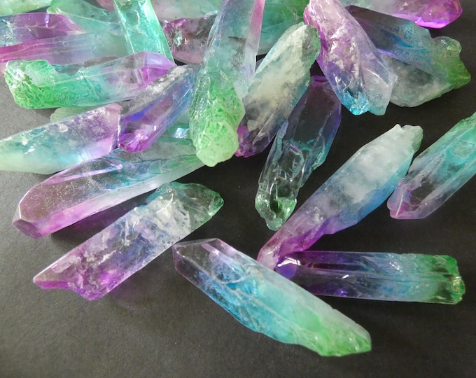 5 PACK 35-65mm Natural Quartz Crystal, Dyed, Unfinished, Free Form Bullet, Gemstone Jewelry, Blue, Purple & Green, No Hole, Wire Wrapping