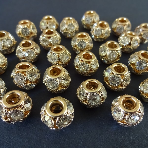 12x10mm Brass & Rhinestone Rondelle Beads, Light Gold and Clear Rhinestone Beads, Round Golden Brass Beads, Sparkly Rhinestone Beads