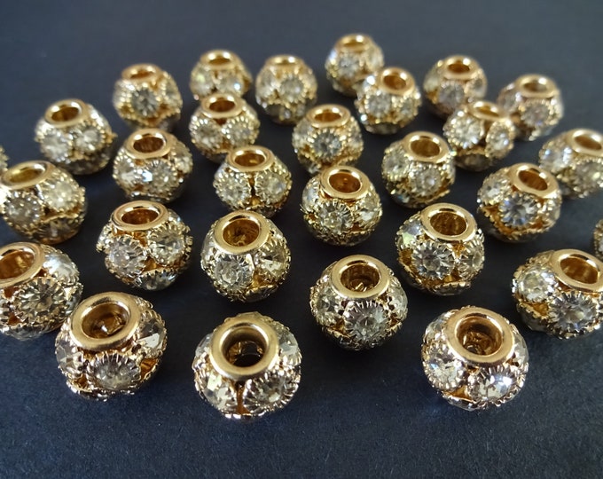 12x10mm Brass & Rhinestone Rondelle Beads, Light Gold and Clear Rhinestone Beads, Round Golden Brass Beads, Sparkly Rhinestone Beads