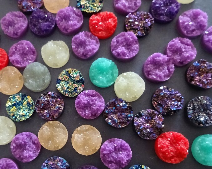 12mm Resin Druzy Cabochon, Round Button Cabochon, Mixed Color Cab Set, Bright Colorful Jewelry Cabs, Sparkly Gemstones, Undrilled Druzies