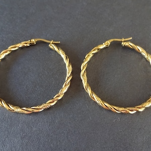 Stainless Steel Gold Twist Rope Hoop Earrings, Hypoallergenic, Round Shape, Textured Twist Design Thin Hoops, Set Of Earrings, 40x3mm