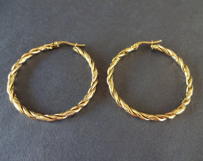 Stainless Steel Gold Twist Rope Hoop Earrings, Hypoallergenic, Round Shape, Textured Twist Design Thin Hoops, Set Of Earrings, 40x3mm