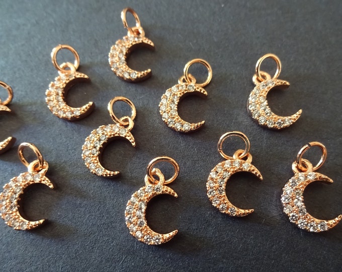 10mm Cubic Zirconia Micro Pave Brass Pendants, Rose Gold Cubic Zirconia Moon Beads, Cubic Zirconia Moon Charms, 10mm Moon Beads, Moon Charms