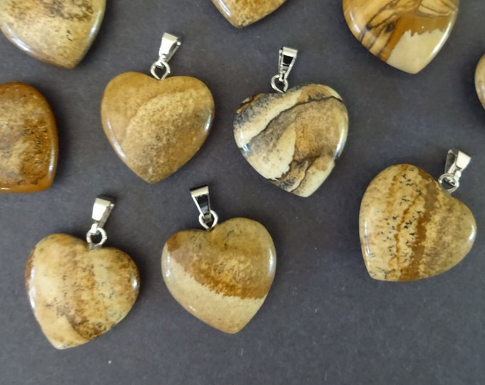 22-23mm Natural Picture Jasper Heart Pendant With Brass Loop, Brown & Beige Heart Charm, Picture Jasper Crystal Pendant, Gemstone Heart