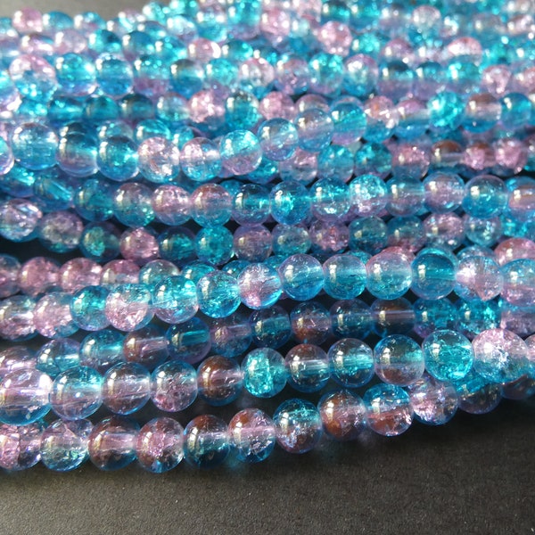 29 Inch Strand Crackle Glass Ball Beads, 6mm Beads, About 135 Beads, Blue and Purple, Transparent, Vibrant Bright Jewelry Beads, Round